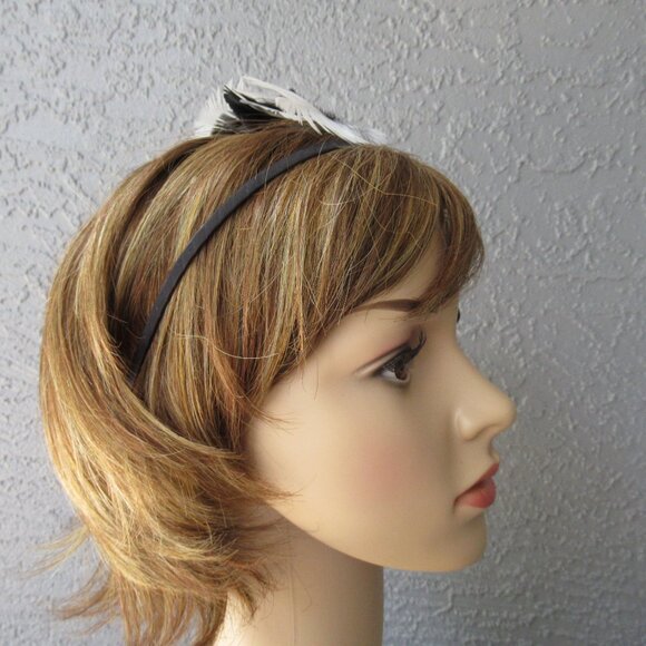 Fascinator / Headband, Black beads + black & white feathers on narrow black band - Picture 13 of 14